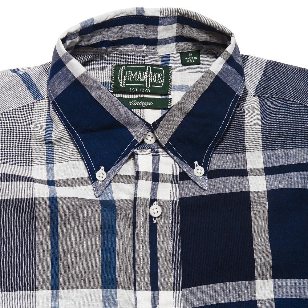 Gitman Vintage Bros. Blue And White Big Madras Check Shirt at shoplostfound, neck