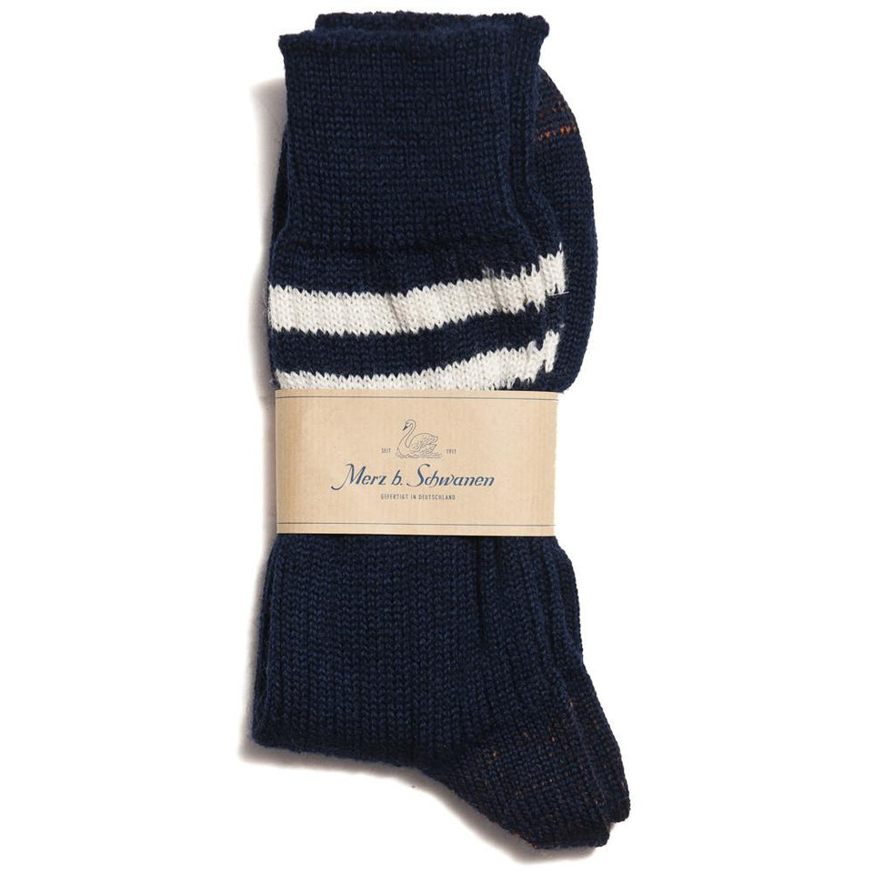 Merz B. Schwanen S75 New Wool Sock Striped Dark Navy/Nature