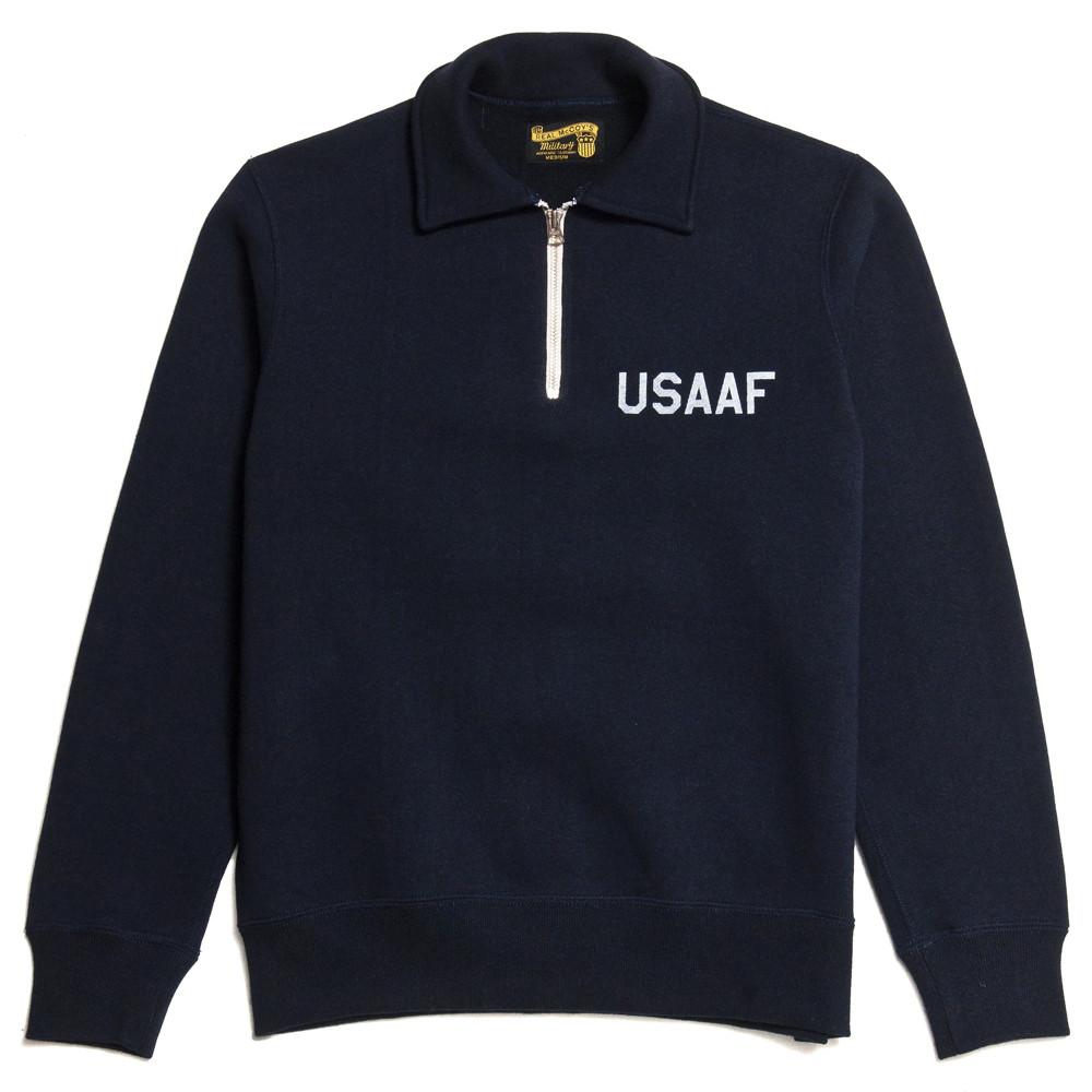 The Real McCoy’s USAAF 1/4 Zip Sweatshirt (Stencil) Navy MC16102 at shoplostfound in Toronto, front