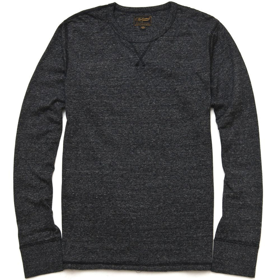 National Athletic Goods Long Sleeve Gym Tee Black Heather at shoplostfound in Toronto, front