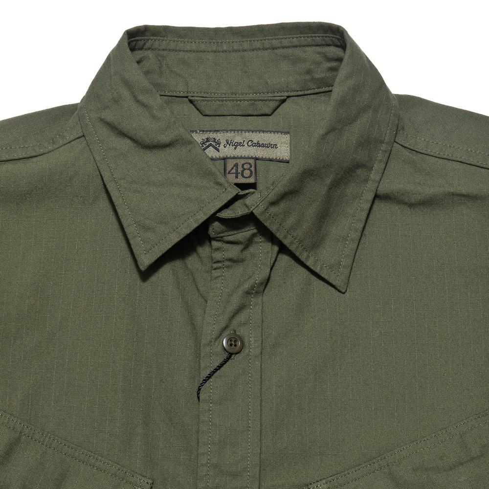 Nigel Cabourn Fatigue Shirt S/S Olive at shoplostfound, neck