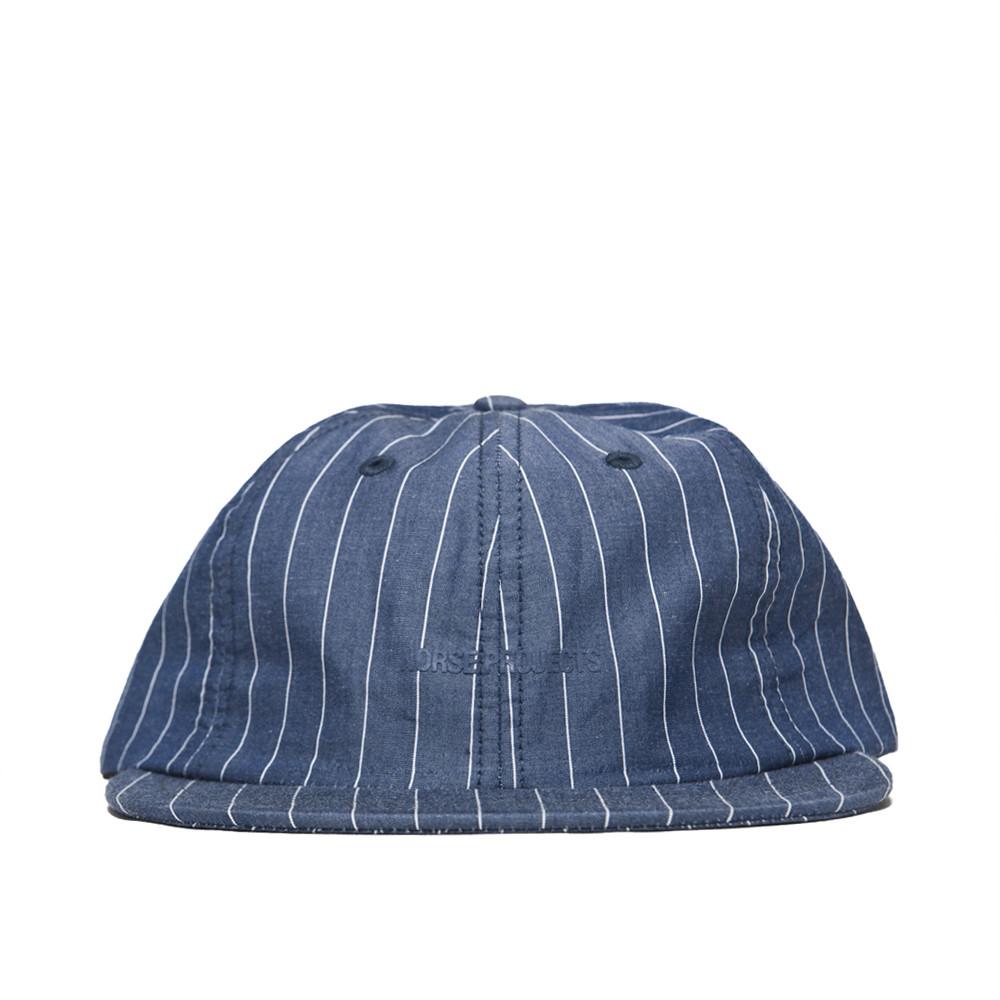 Norse Projects 6 Panel Fine Stripe Flat Cap Navy at shoplostfound, front