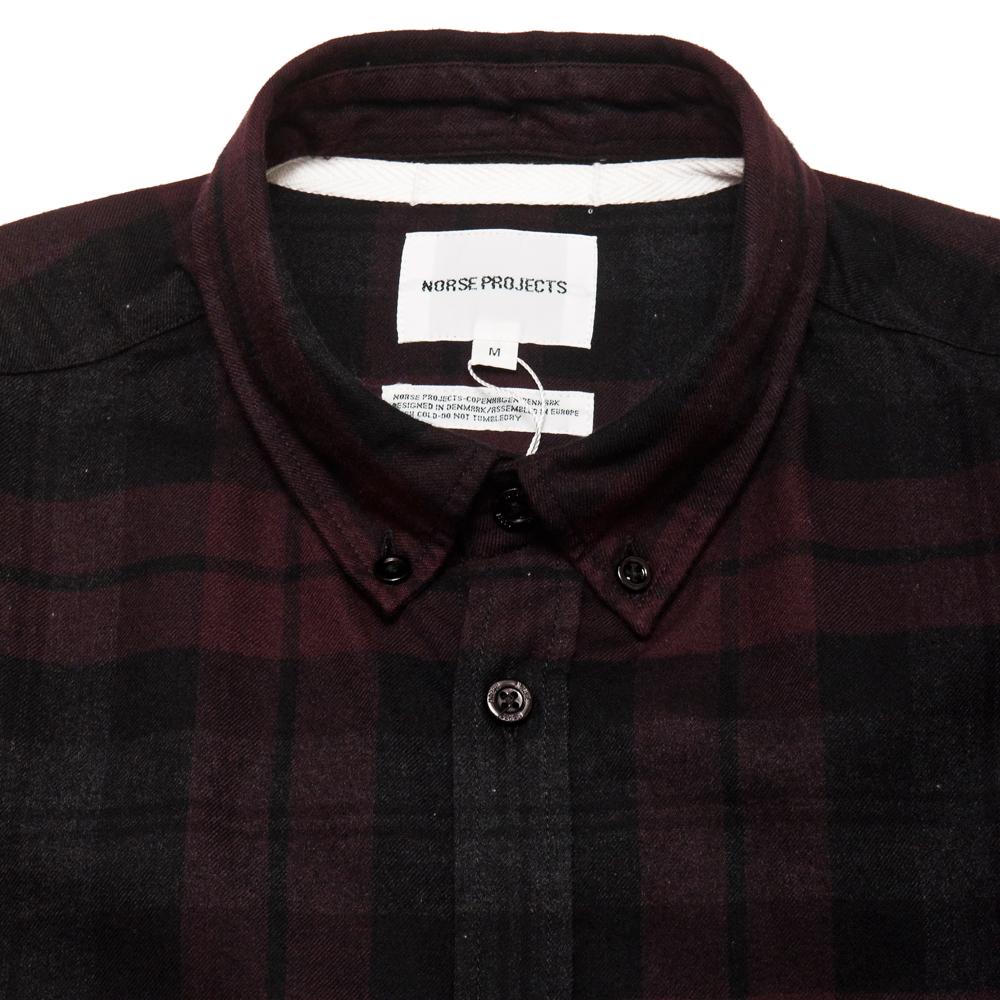 Norse Projects Anton Flannel Check Eggplant Brown at shoplostfound, neck