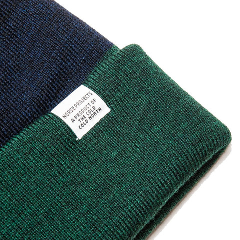 Norse Projects Colour Block Beanie Spinnaker Green at shoplostfound, front