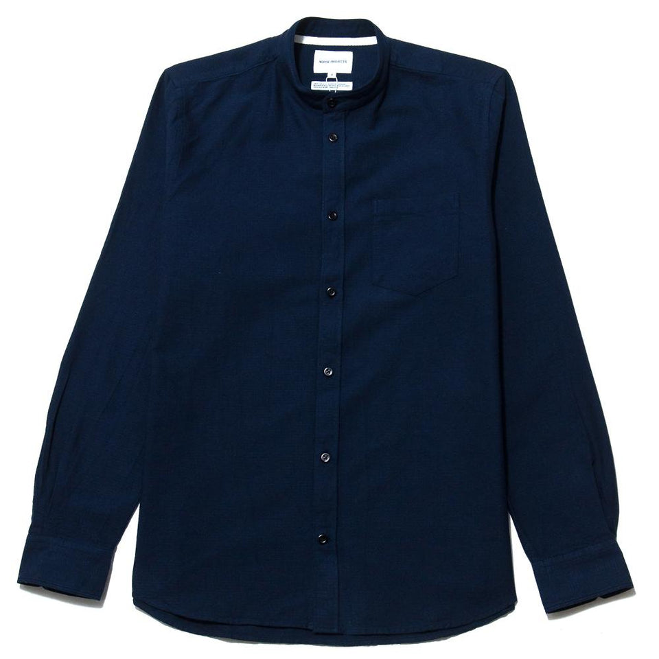 Norse Projects Hans Collarless Oxford Dark Navy at shoplostfound, front