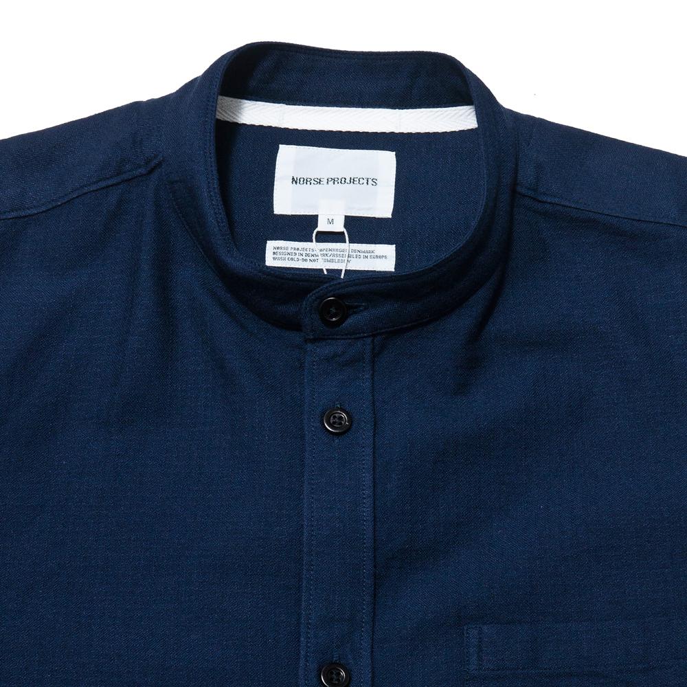 Norse Projects Hans Collarless Oxford Dark Navy at shoplostfound, neck