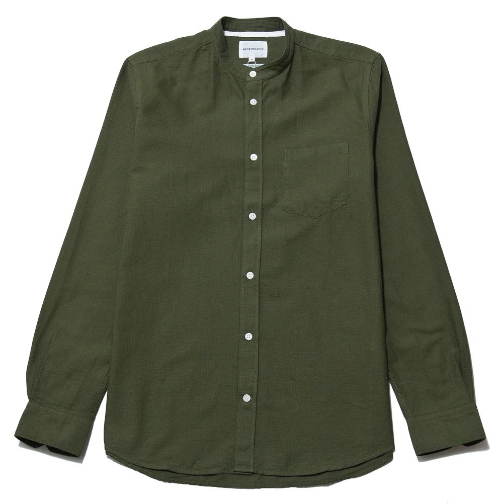 Norse Projects Hans Collarless Oxford Dried Olive at shoplostfound, front