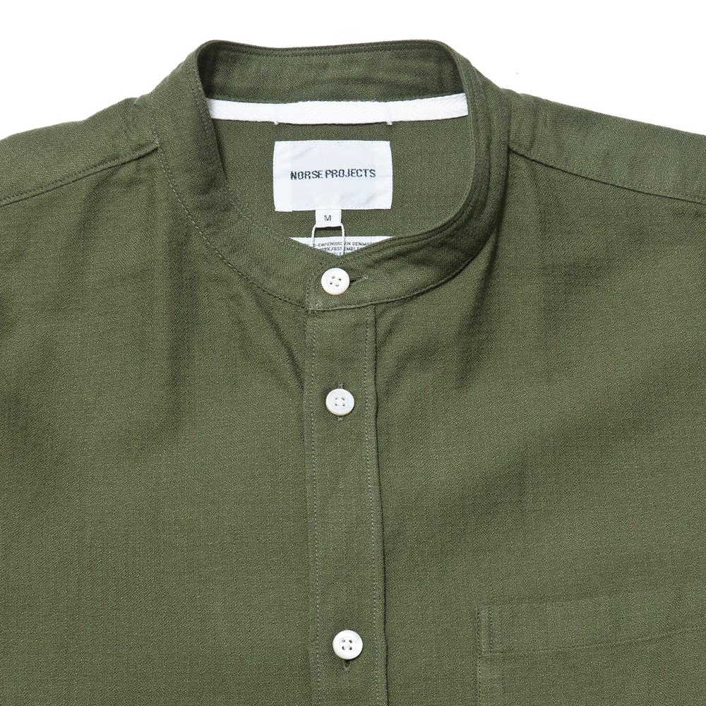 Norse Projects Hans Collarless Oxford Dried Olive at shoplostfound, neck