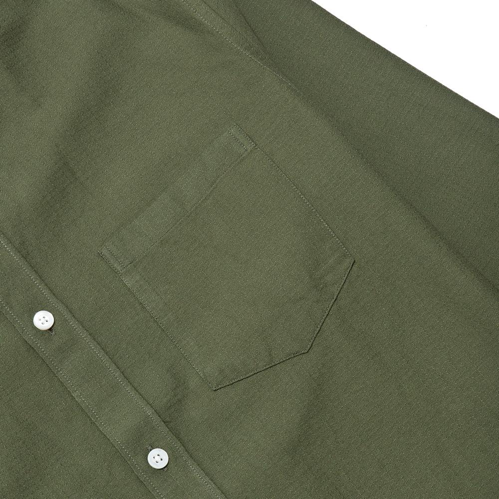 Norse Projects Hans Collarless Oxford Dried Olive at shoplostfound, pocket