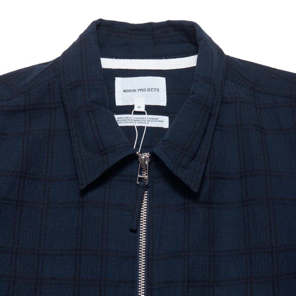 Norse Projects Jens Seersucker Check Dark Navy at shoplostfound, neck