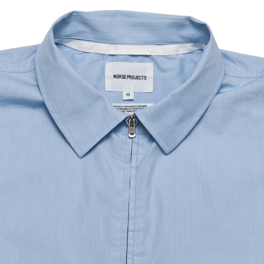 Norse Projects Osvald Compact Poplin Zip Pale Blue at shoplostfound, neck