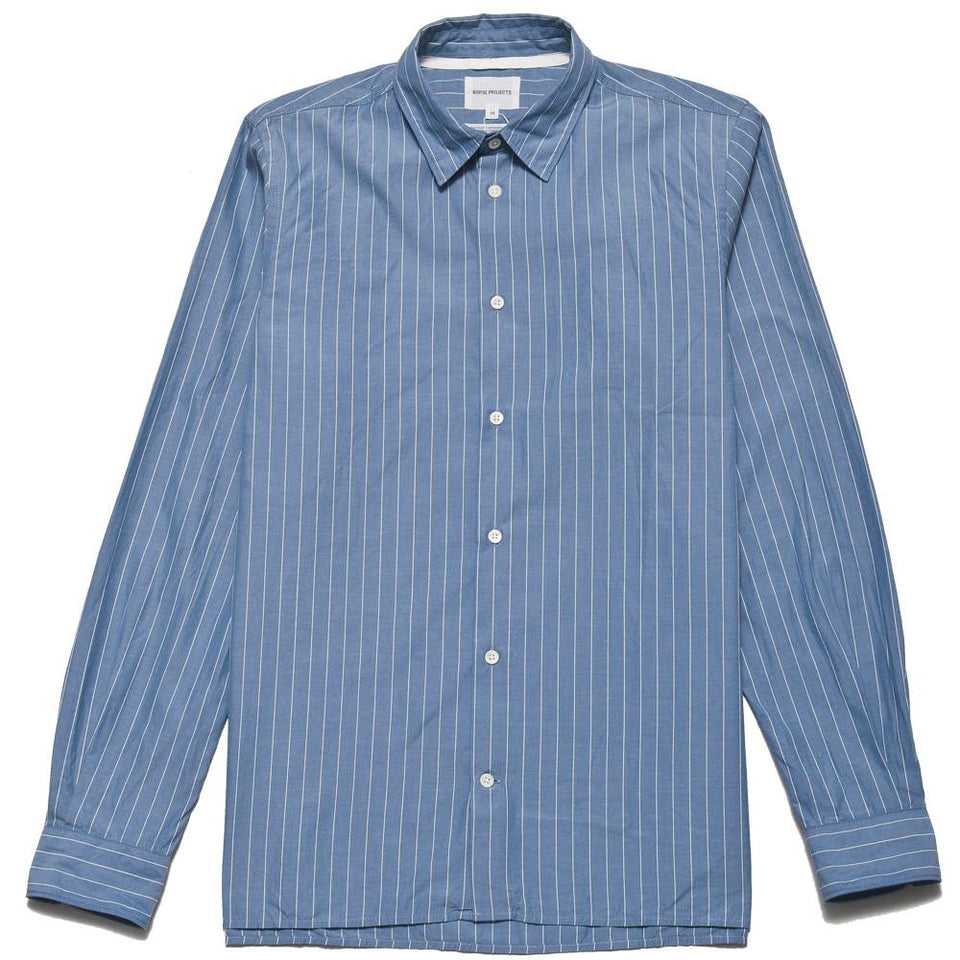 Norse Projects Theo Fine Stripe Sky Blue at shoplostfound, front