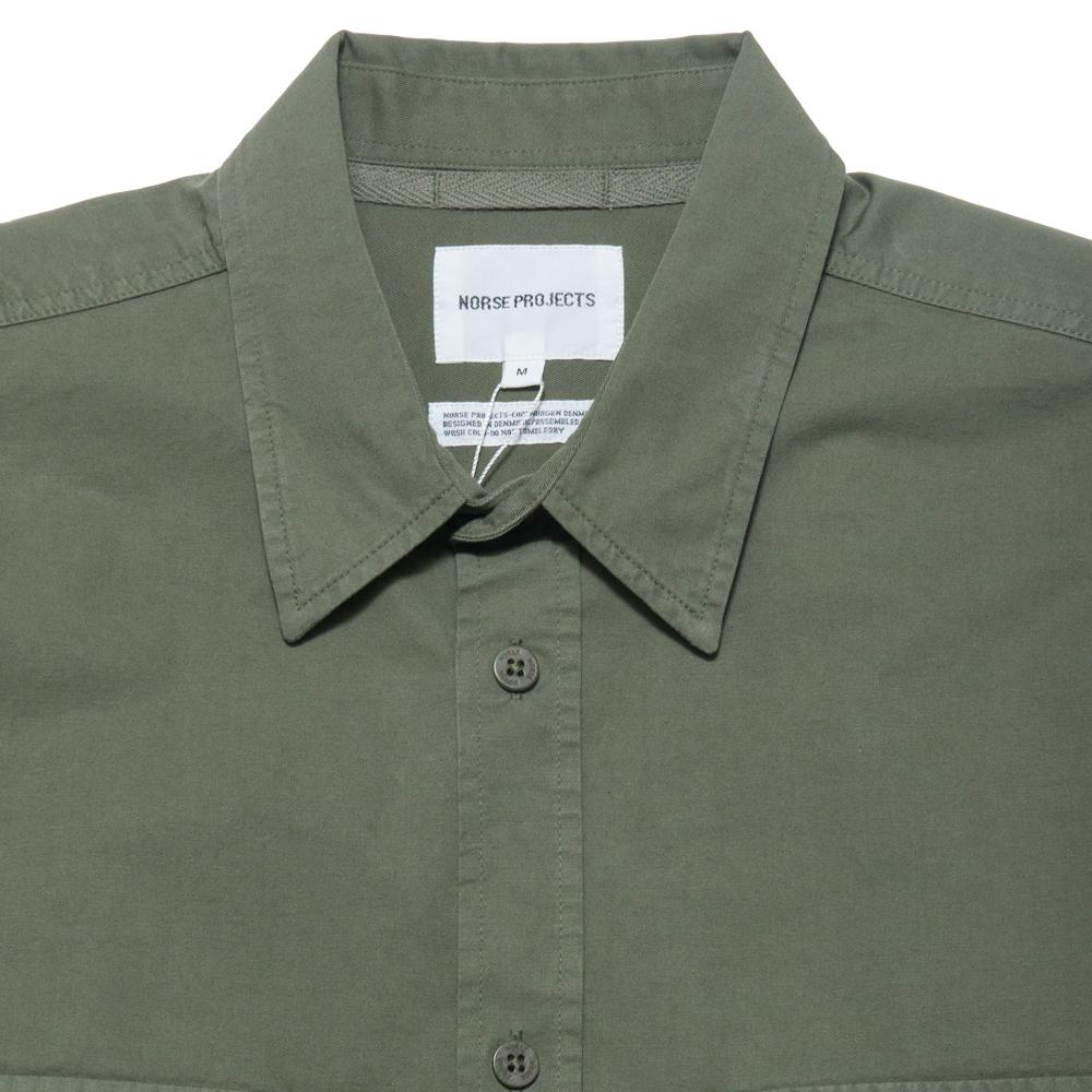 Norse Projects Villads Light Twill Dried Olive at shoplostfound, neck