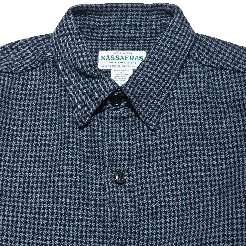 Sassafras G.D.U. Shirt Charcoal Houndstooth at shoplostfound, neck