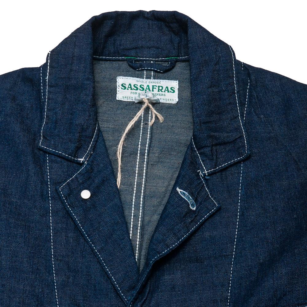 Sassafras Whole Leaf Coat Indigo 8oz Denim at shoplostfound, neck