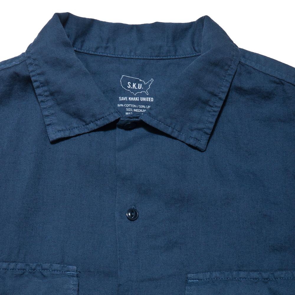 Save Khaki United S/S Cotton Linen Camp Shirt Blue at shoplostfound, neck