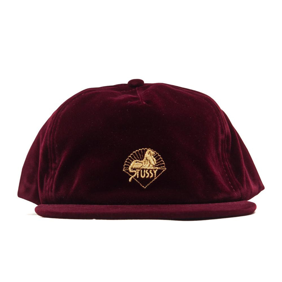 Stüssy Gold Velvet Cap Burgundy at shoplostfound, front