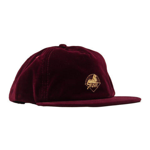 Stüssy Gold Velvet Cap Burgundy at shoplostfound, front