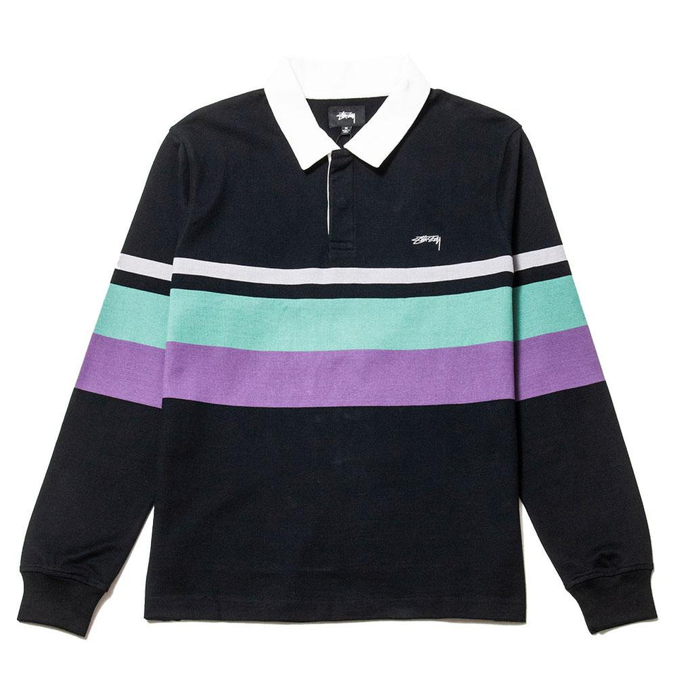 Stüssy Lucas Stripe Long Sleeve Rugby Black at shoplostfound, front