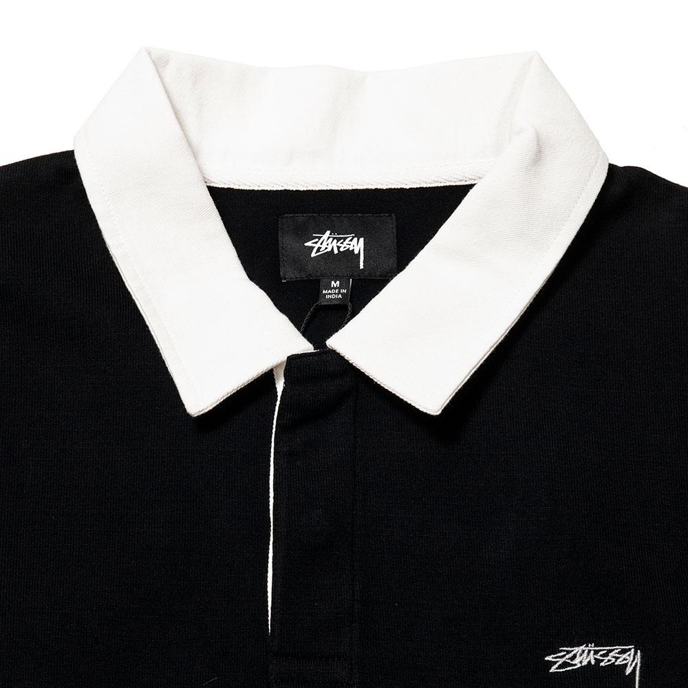 Stüssy Lucas Stripe Long Sleeve Rugby Black at shoplostfound, neck