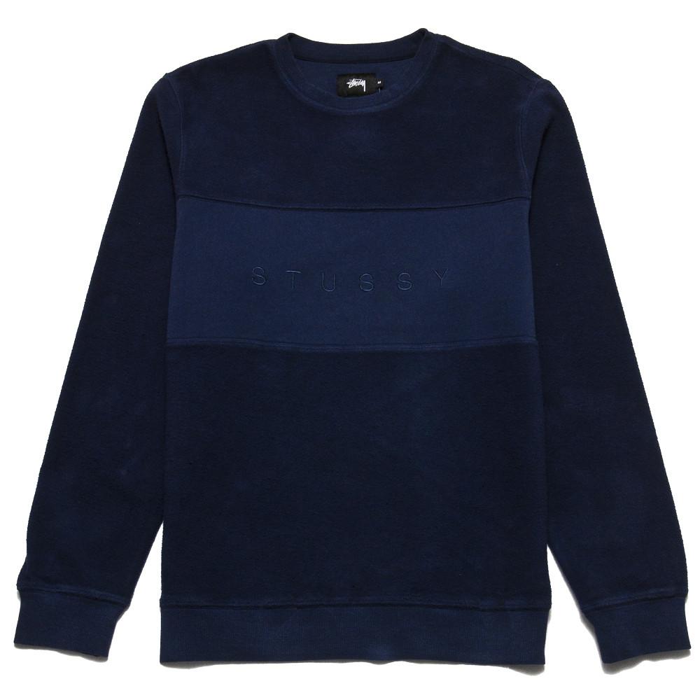 Stussy Reverse Fleece Panel Crew Navy at shoplostfound, front