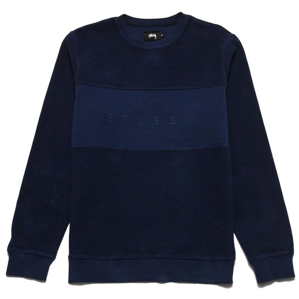 Stussy Reverse Fleece Panel Crew Navy at shoplostfound, front