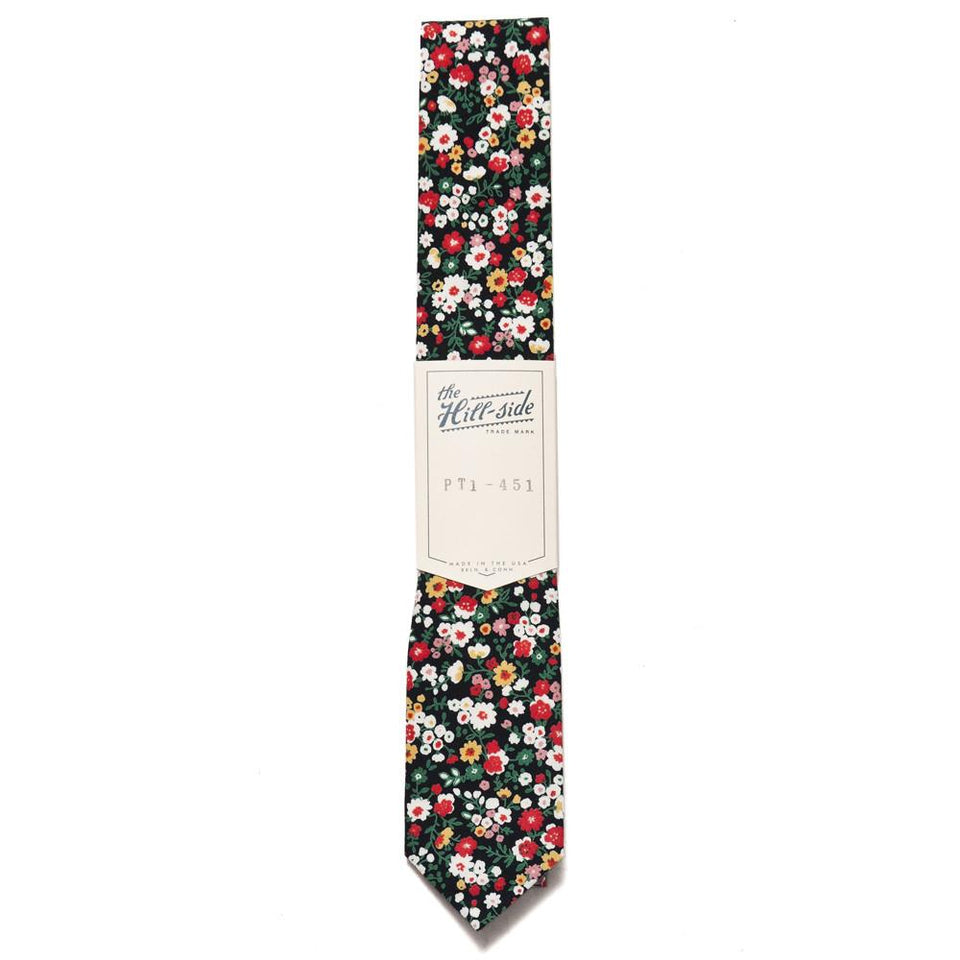 The Hill-side PT1-451 - Small Flowers Standard Pointed Tie Black at shoplostfound, front