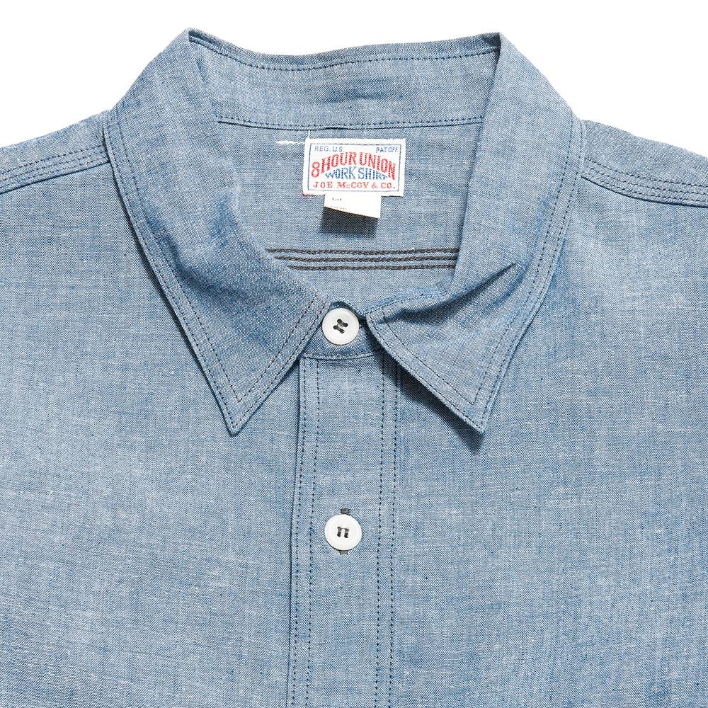 The Real McCoy's 8 HU Chambray Serviceman Shirt Blue at shoplostfound, neck