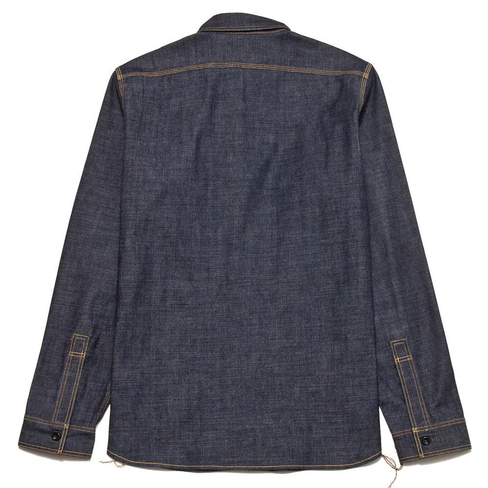 The Real McCoy's 8HU Denim Serviceman Shirt Raw at shoplostfound, back