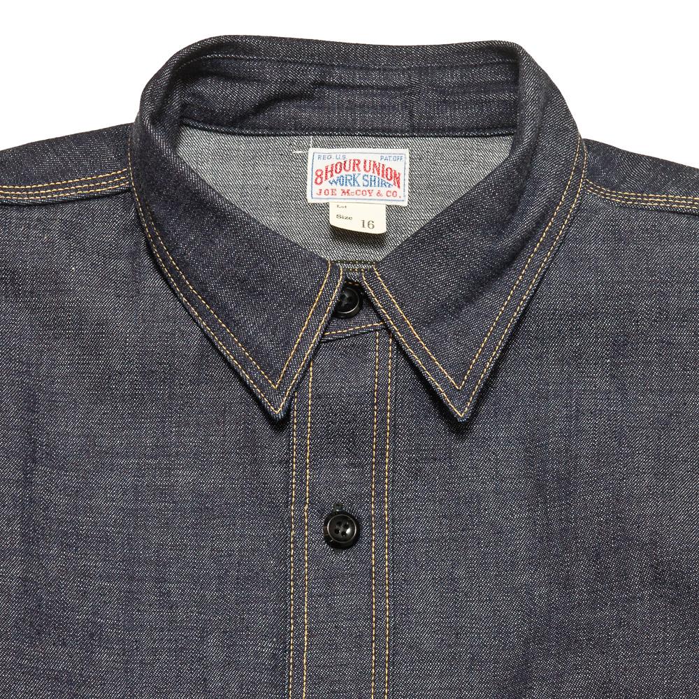 The Real McCoy's 8HU Denim Serviceman Shirt Raw at shoplostfound, neck