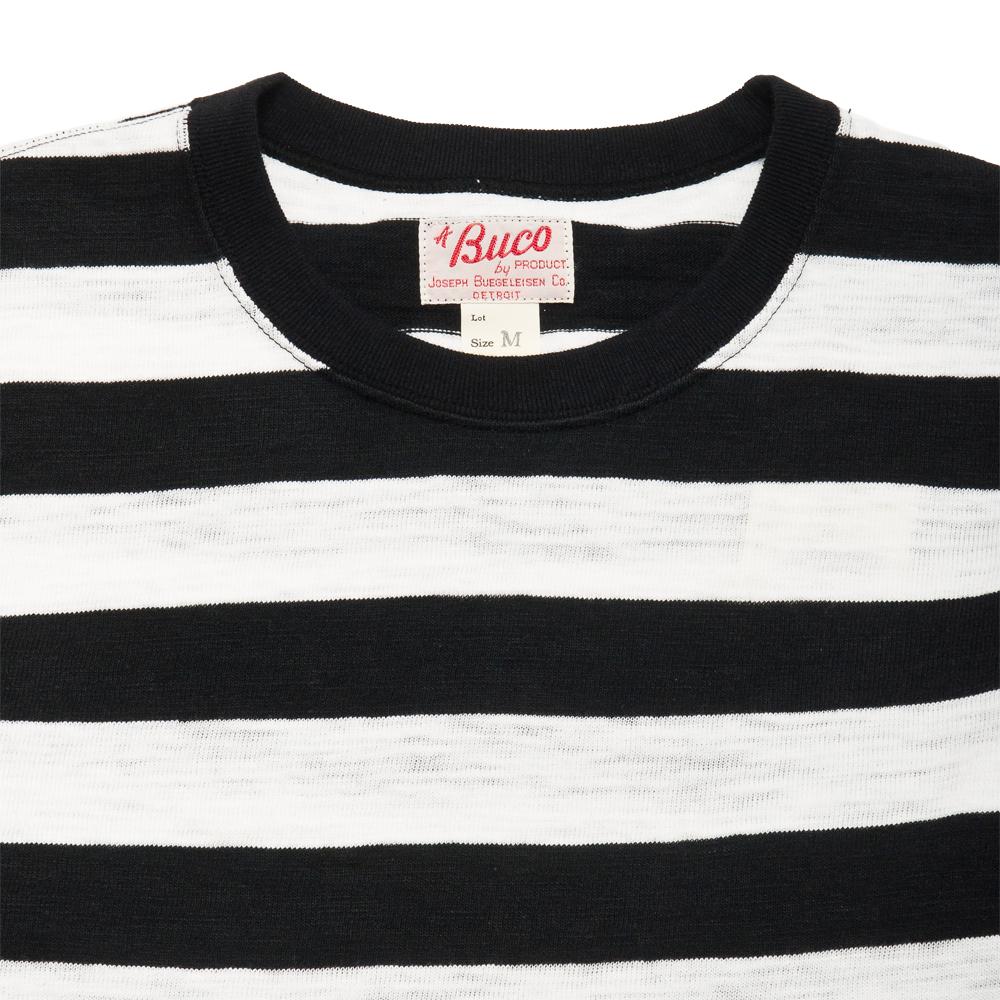 The Real McCoy's Buco Striped Long Sleeve Tee White/Black at shoplostfound, neck