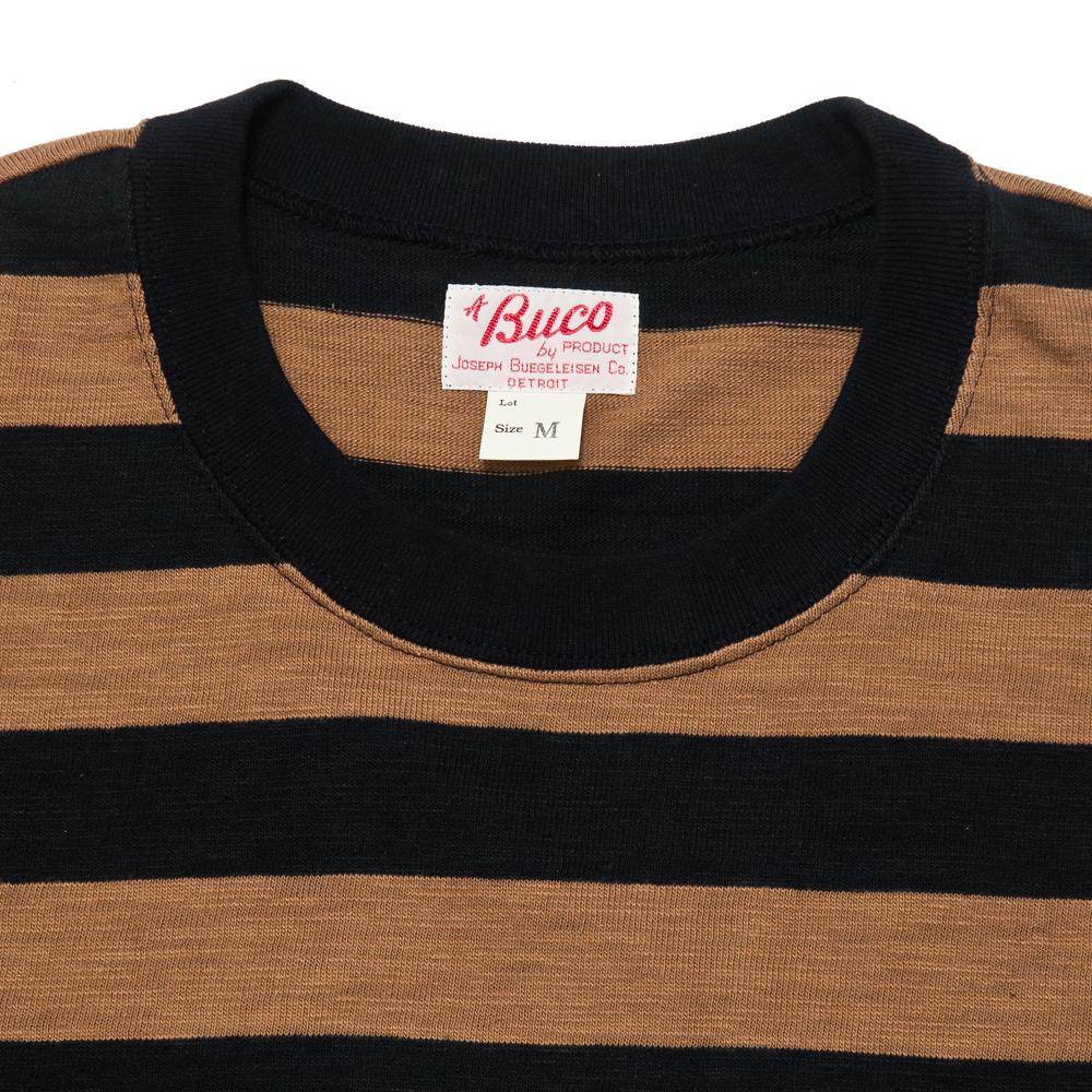 The Real McCoy's Buco Striped Tee Brown/Black at shoplostfound, neck