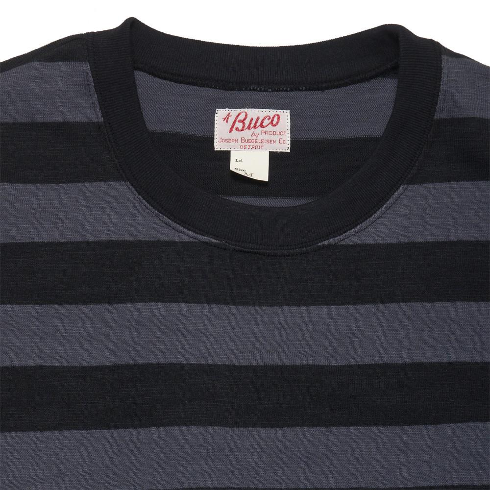 The Real McCoy's Buco Striped Tee Grey/Black at shoplostfound, neck