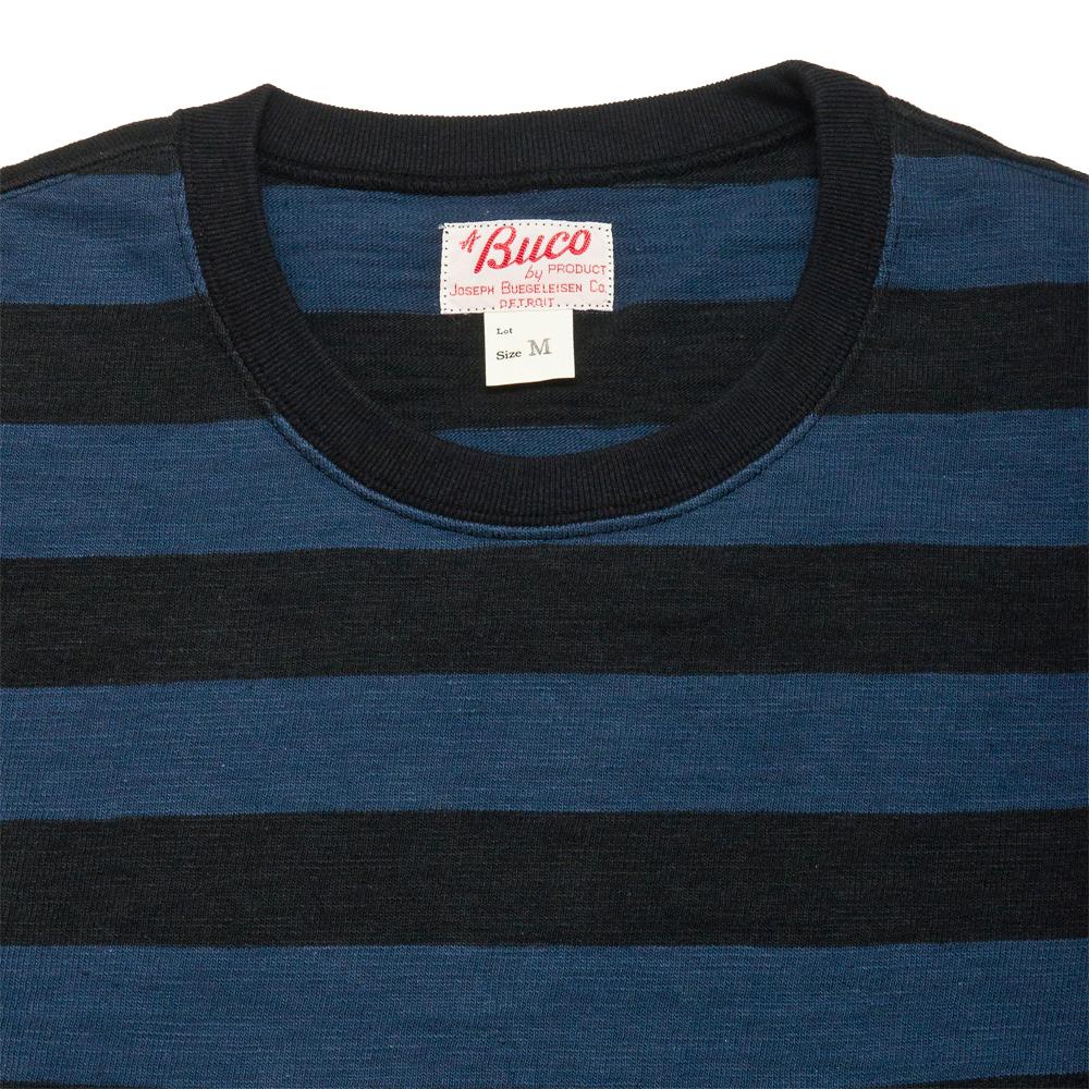 The Real McCoy's Buco Striped Long Sleeve Tee Navy/Black at shoplostfound, neck