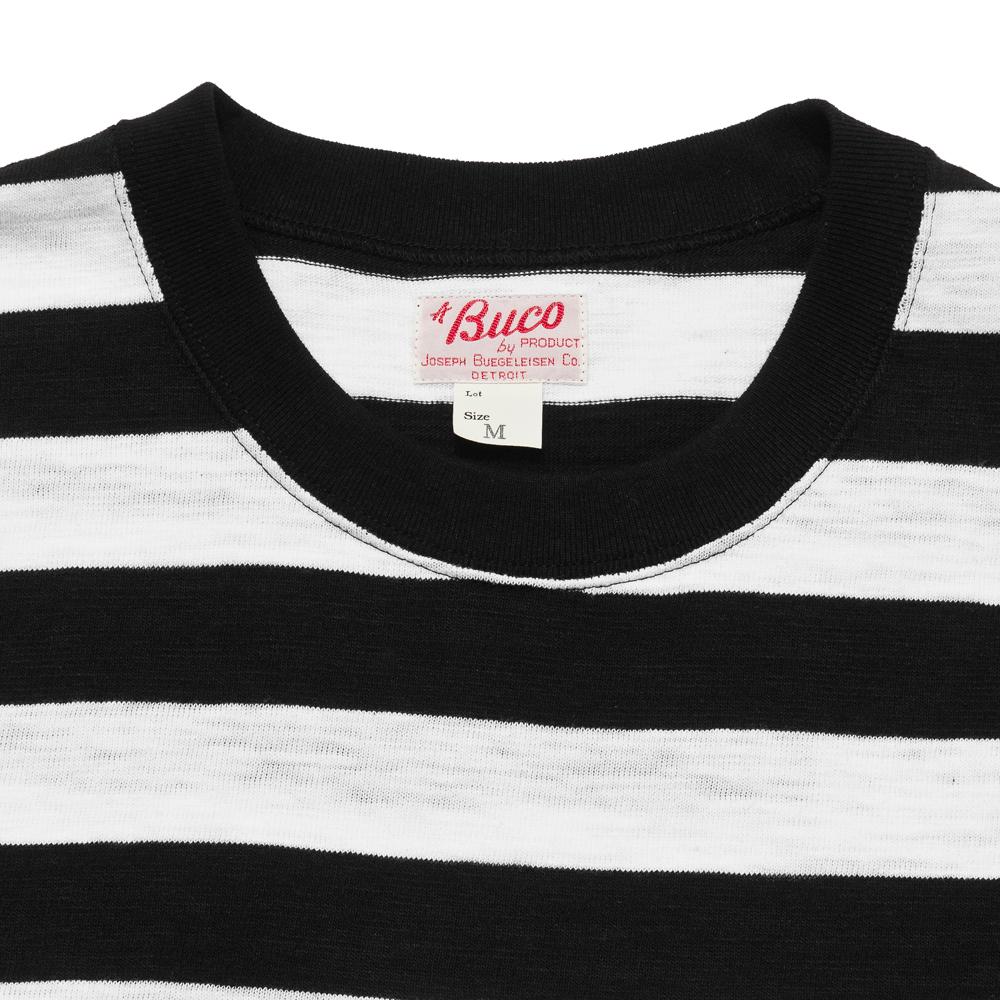 The Real McCoy's Buco Striped Tee Black/White at shoplostfound, neck