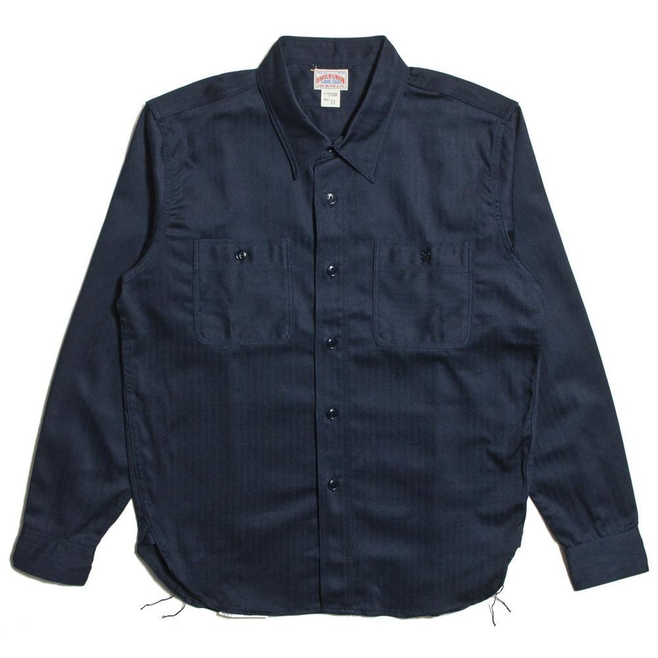 The Real McCoy's Joe McCoy MS14032 8 Hour Union Navy Herringbone Work Shirt Lot 536D at shoplostfound in Toronto, front