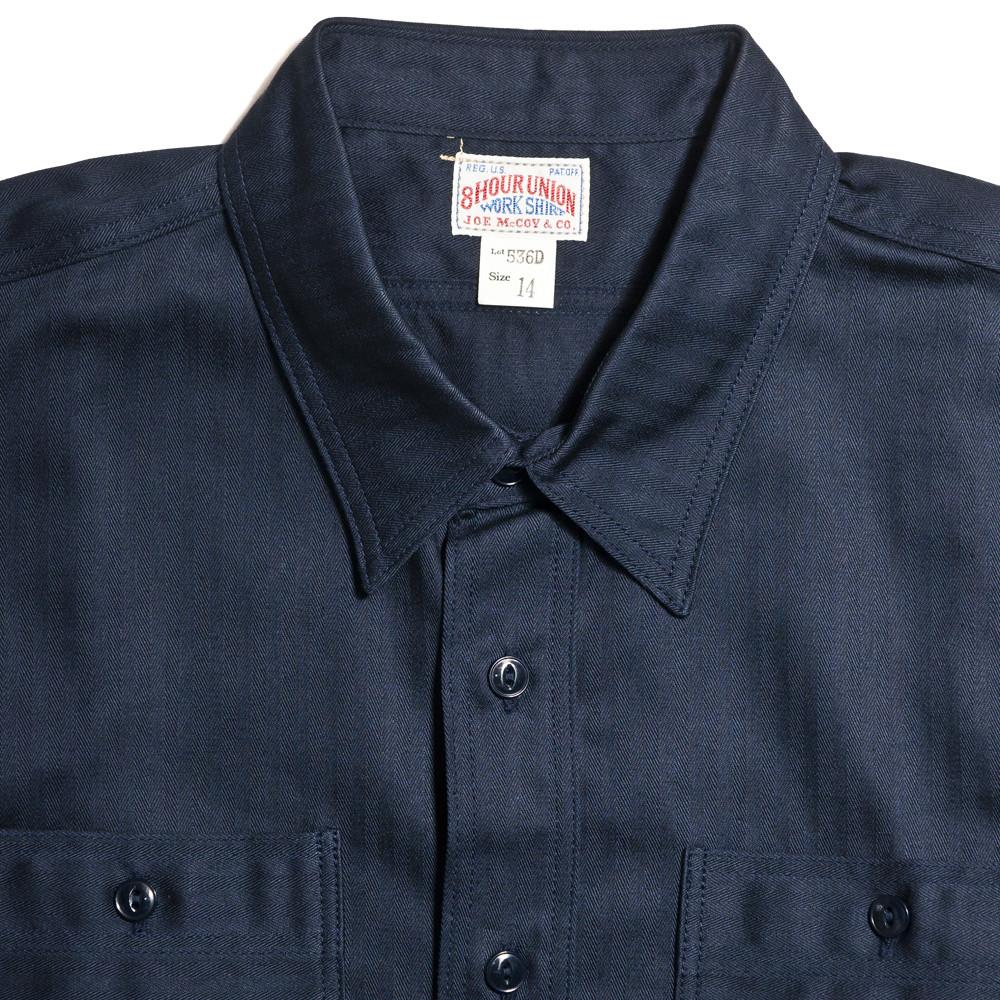 The Real McCoy's Joe McCoy MS14032 8 Hour Union Navy Herringbone Work Shirt Lot 536D at shoplostfound in Toronto, collar