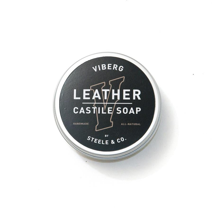 Viberg Leather Castille Soap at shoplostfound in Toronto, branded tin case